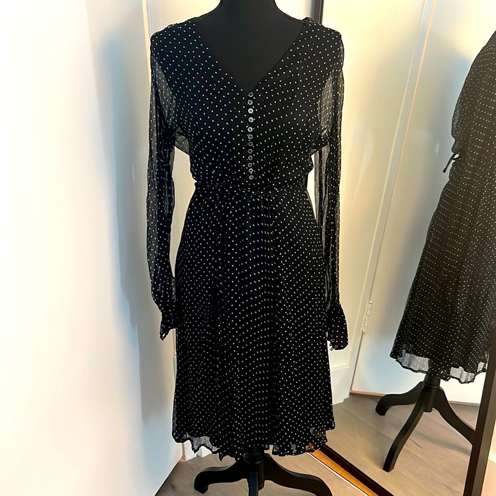 Beautiful, delicate vintage black polka dot Nicole Farhi dress w silk lining US8